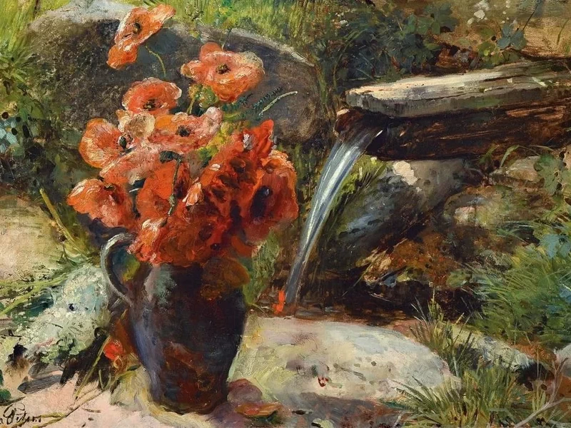 1843-Anna Peters - Brocca con fiori ad una fontana